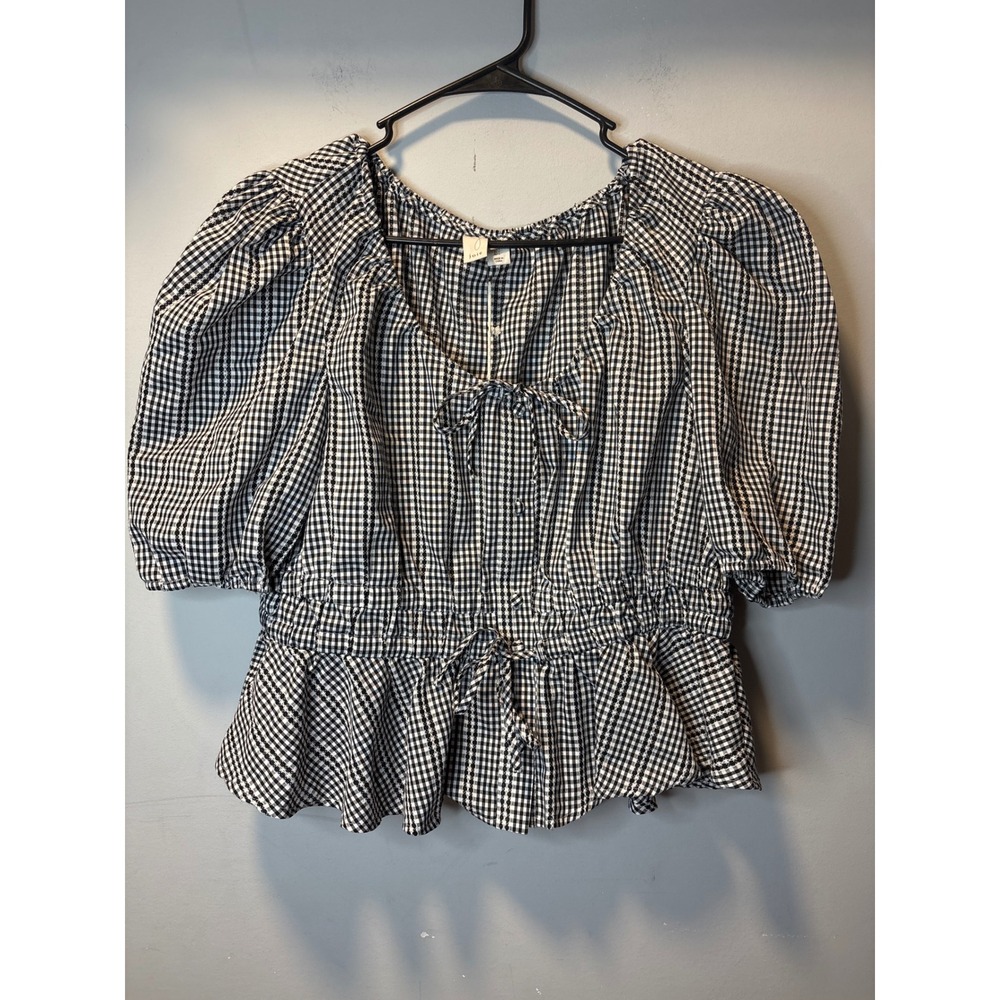 NWT Anthropologie Joie Gingham Puff Sleeve Peplum Blouse Black White Top Size L - Picture 1 of 6